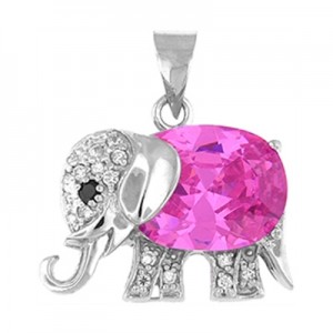 Pink Elephant Pendant with CZ - Sterling Silver 18" Chain Included