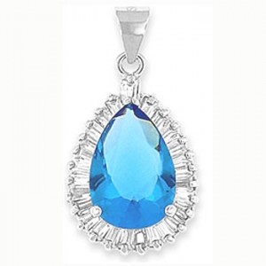 Silver Teardrop Pendant with blue Cubic Zirconia Gem – 20” necklace included