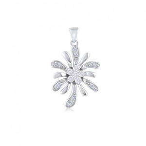 Silver Flower Pendant with Cubic Zirconia Gems – 18” silver necklace