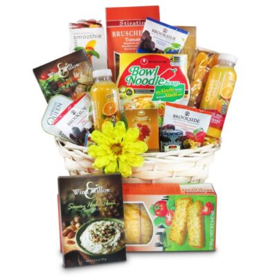 Large gift basket filled with soup, juice, teas, milkshake and more for get well occasion.